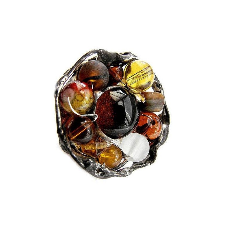 Miodowy  z tygrysim okiem  - regulowany witrażowy pierścionek