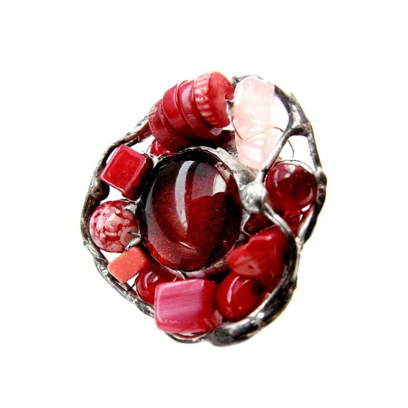 Czerwony z koralowcem - regulowany witrażowy pierścionek