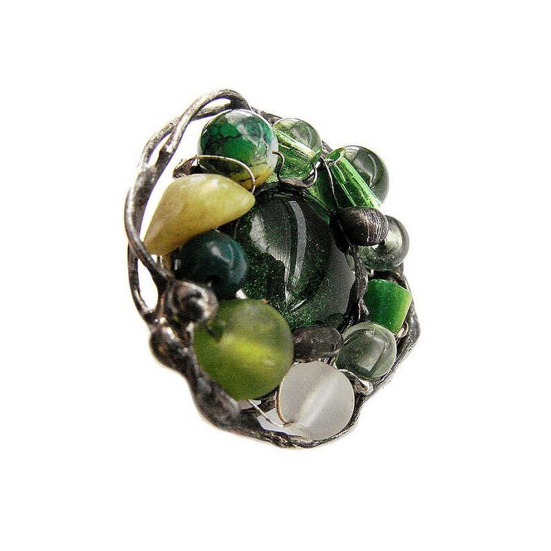 Zielony z awenturynem i jaspisem - regulowany witrażowy pierścionek