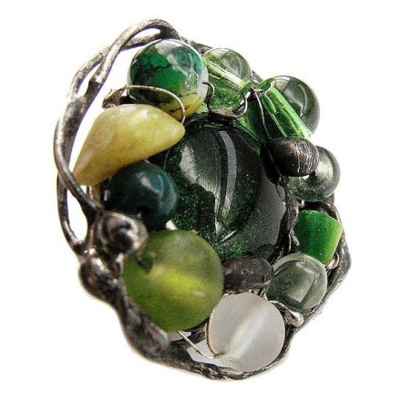 Zielony z awenturynem i jaspisem - regulowany witrażowy pierścionek