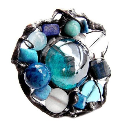 Turkusowy z howlitem i masą perłową - regulowany witrażowy pierścionek