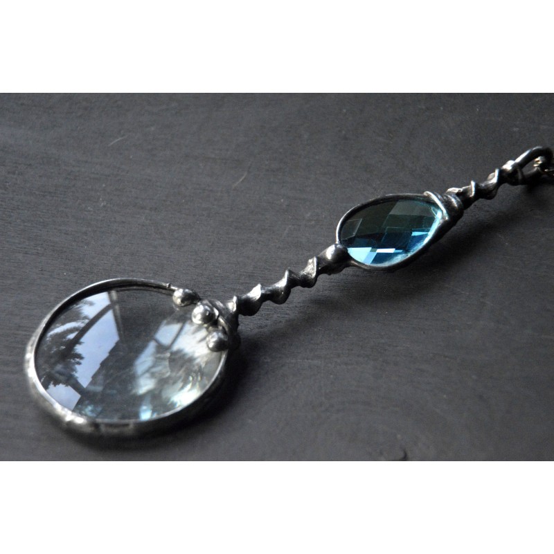 Długa turkusowa  lupa - witrażowy wisior